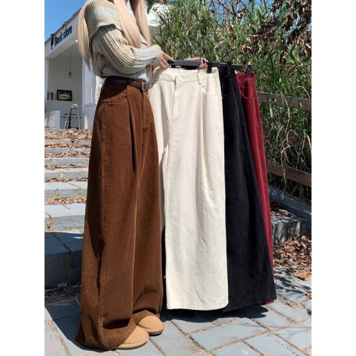 Corduroy casual pants for women in autumn  new retro high-waist slim design wide-leg straight floor-length pants