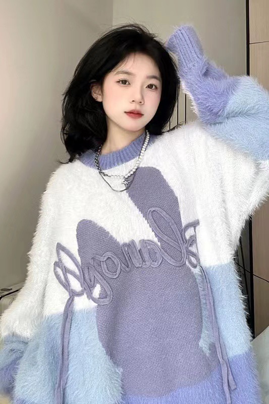 大碼毛茸茸奶fufu撞色兔子毛衣女寬鬆加厚軟糯溫柔秋冬百搭針織衫