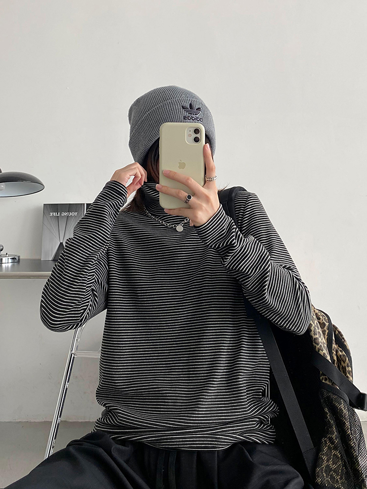 Double-sided German velvet striped turtleneck bottoming shirt for women 2023 autumn and winter new style slim fit inner long-sleeved T-shirt