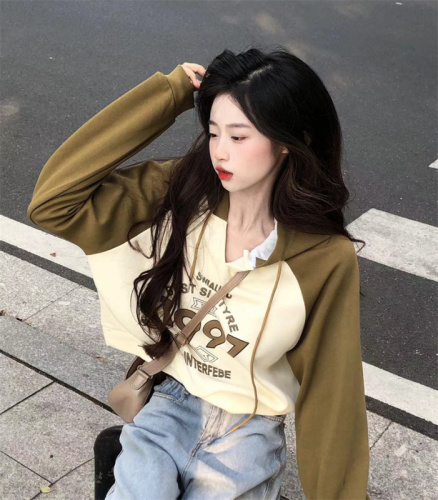 Real shot of sweet and spicy pure cotton contrasting color design versatile hooded sweatshirt with letter print ins versatile loose sweatshirt trendy