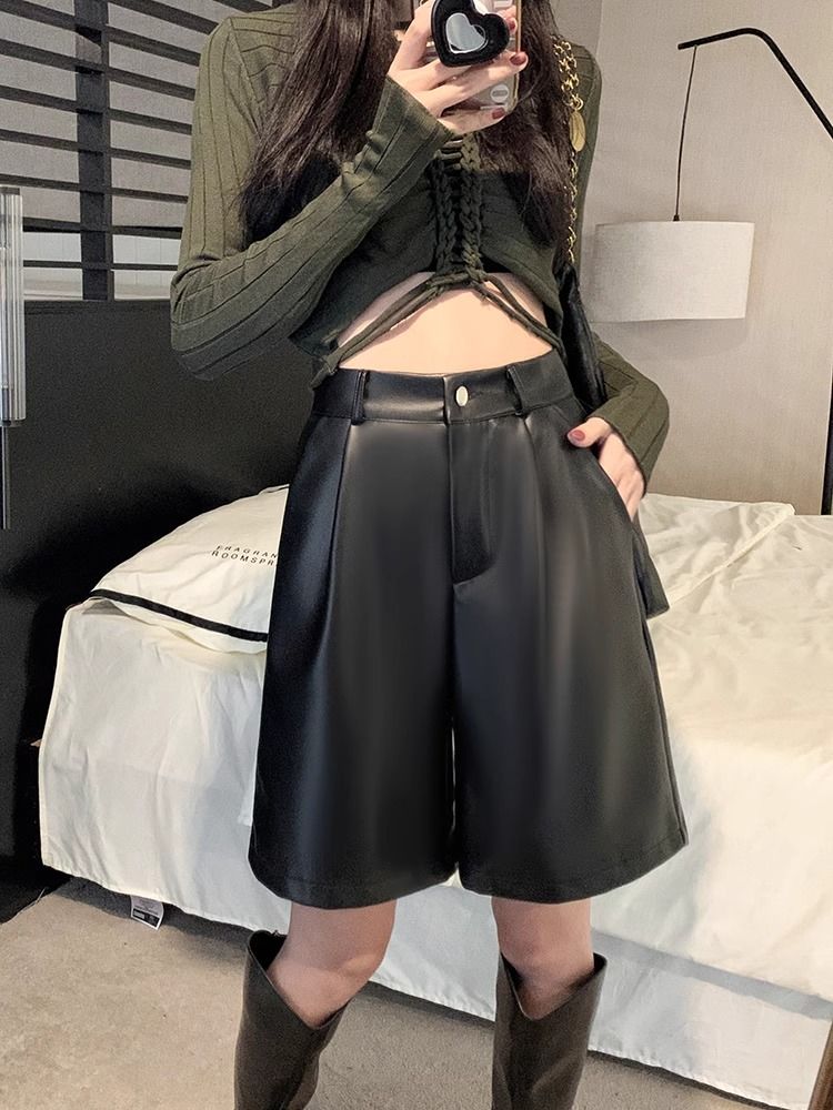 美拉德PU皮闊腿短褲女秋冬2023新款復古高腰顯瘦百搭咖啡色休閒褲