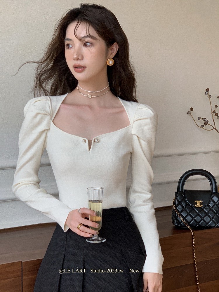 品質 氣質簡約百搭法式針織衫珍珠扣修身顯瘦泡泡袖毛衣女秋