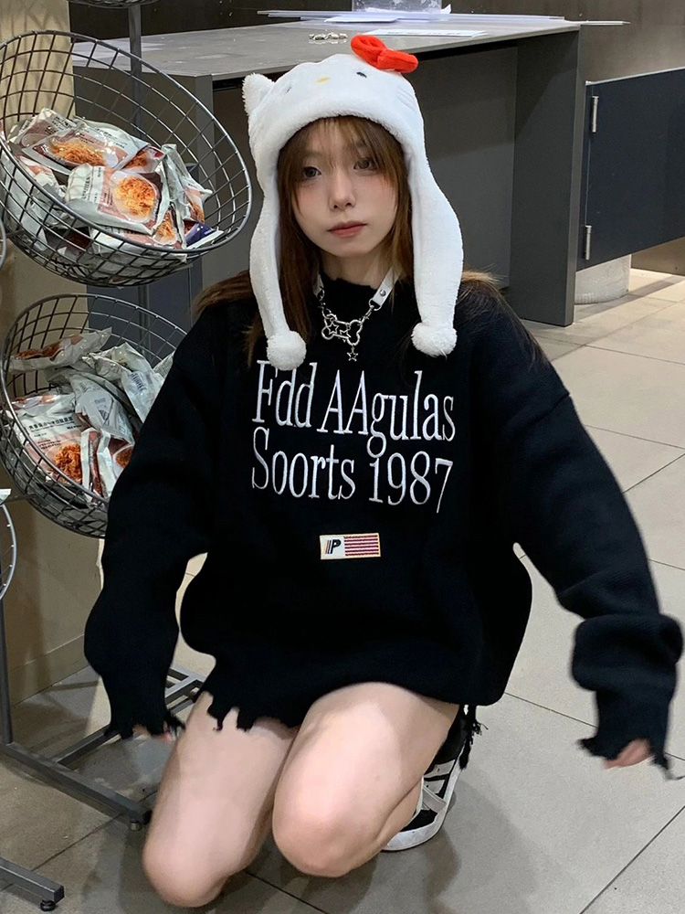 美式復古毛衣女秋冬2023新款刺繡圓領針織衫寬鬆慵懶風上衣長袖潮