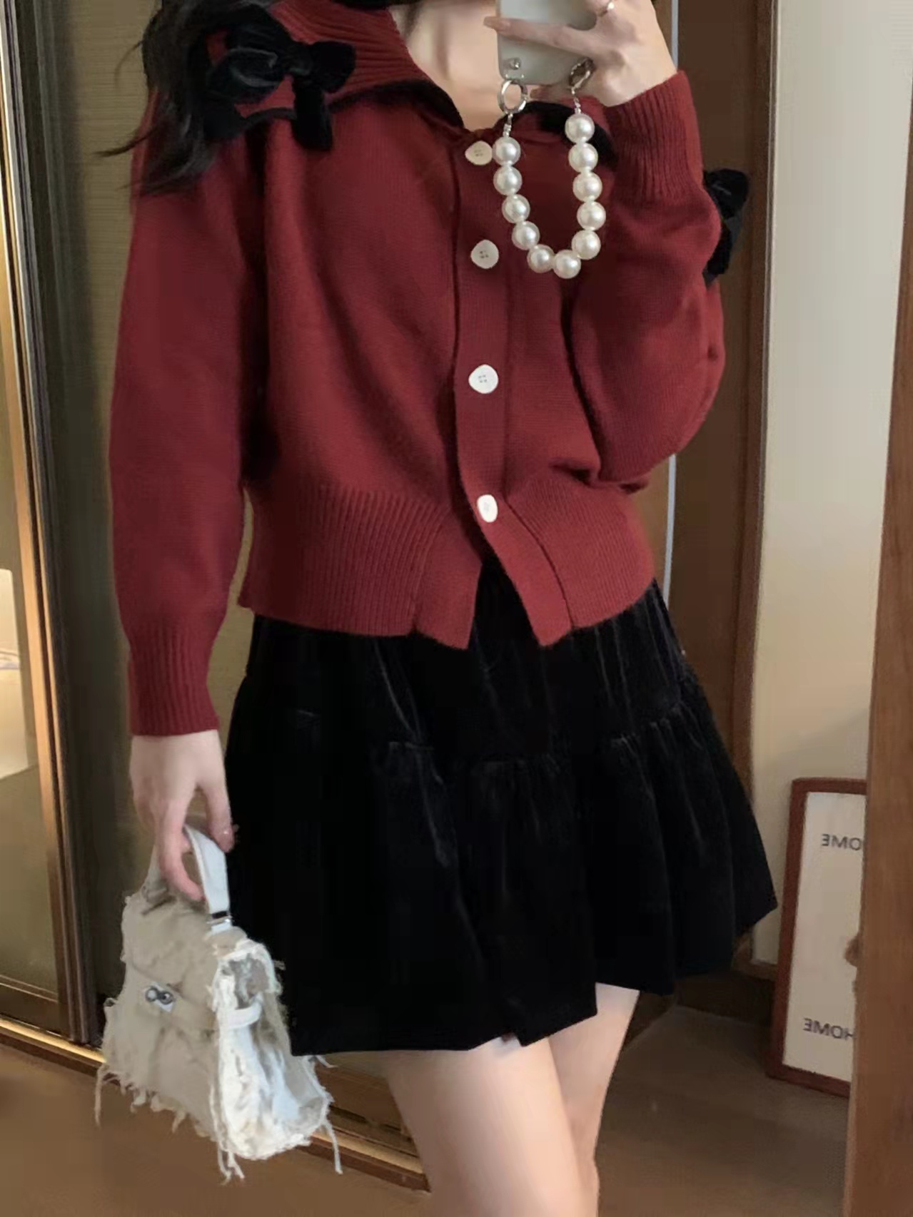實拍~蝴蝶結翻領復古紅色加厚針織開衫毛衣外套
