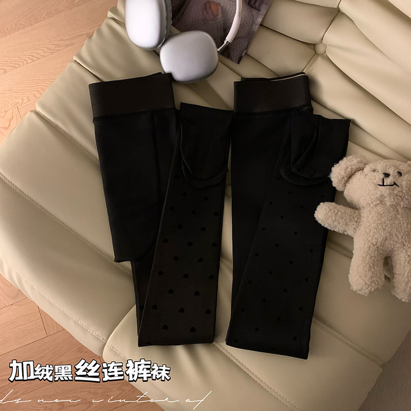 Real shot of autumn and winter velvet thickened outer wear love polka dot flocking sexy black mercerized legs translucent leggings
