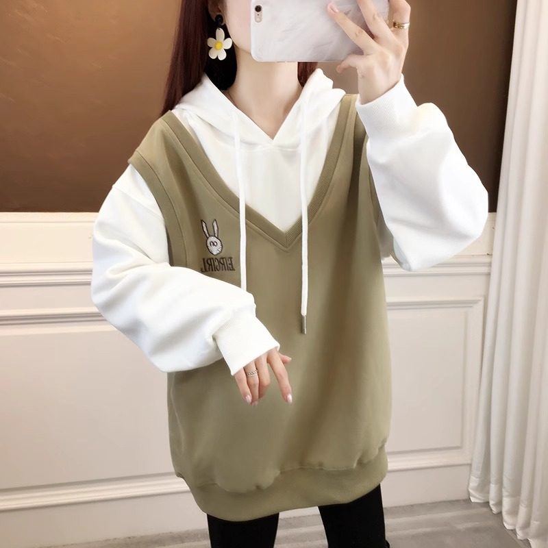 大碼女裝秋冬季假兩件寬鬆連帽加厚加絨衛衣女上衣胖mm2-300斤