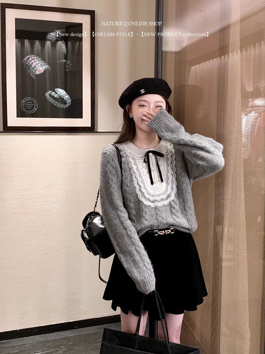 楊小卷 miu系復古慵懶風蝴蝶結套頭麻花毛衣女秋冬高級感灰色上衣