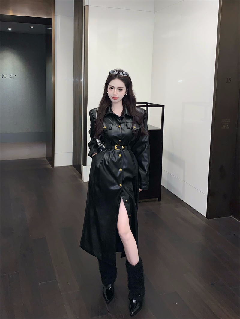 實拍 高級感氣質PU連衣裙時尚長袖長款風衣外套收腰皮衣長裙