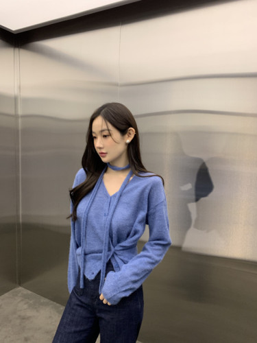 韩国chic新款法式简约设计感V领挂脖长袖毛衣