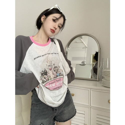 Official picture 6535 stretch cotton, contrasting color stitching, fun cartoon printing, long-sleeved sun protection clothing for women, Hong Kong style