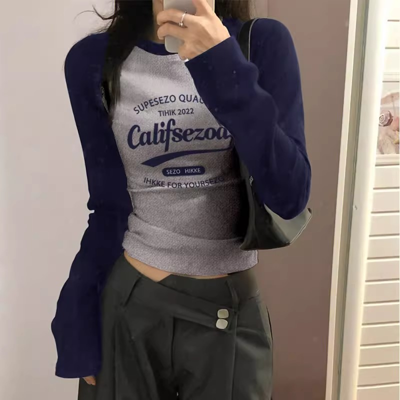 1*1純棉包領撞色插肩袖上衣chic甜辣妹修身顯瘦掐腰長袖t恤