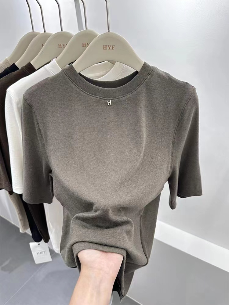 Silk cotton double-sided velvet European cashmere quarter-sleeved T-shirt women's half turtleneck bottoming shirt top