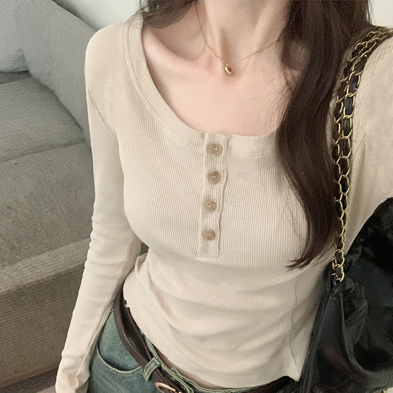 實拍圖純棉長袖女2023秋季新款洋氣設計感不規則上衣純欲短款打底