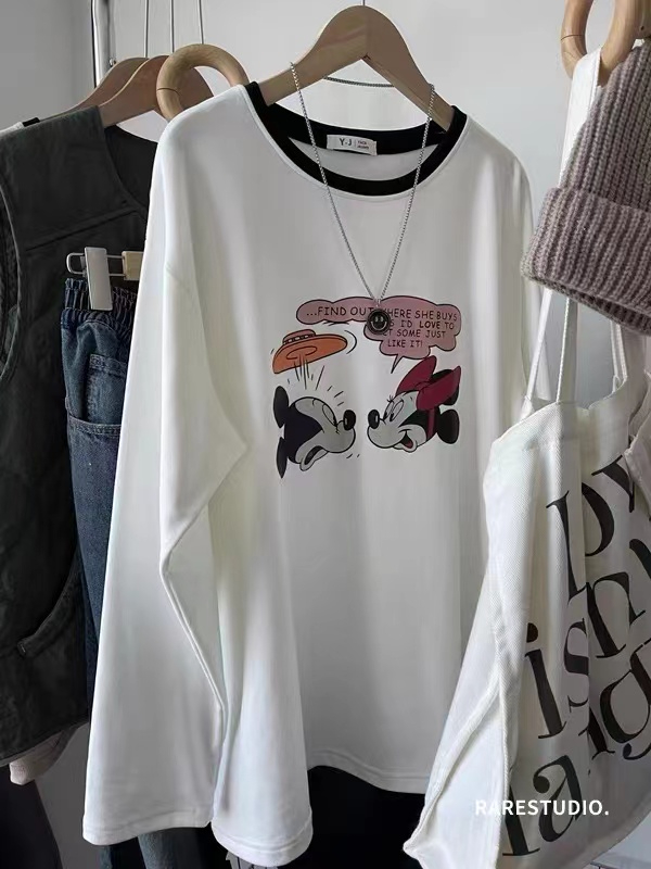 Silk cotton double-sided velvet Mickey Minnie fun age-reducing casual long-sleeved T-shirt warm and versatile base layer