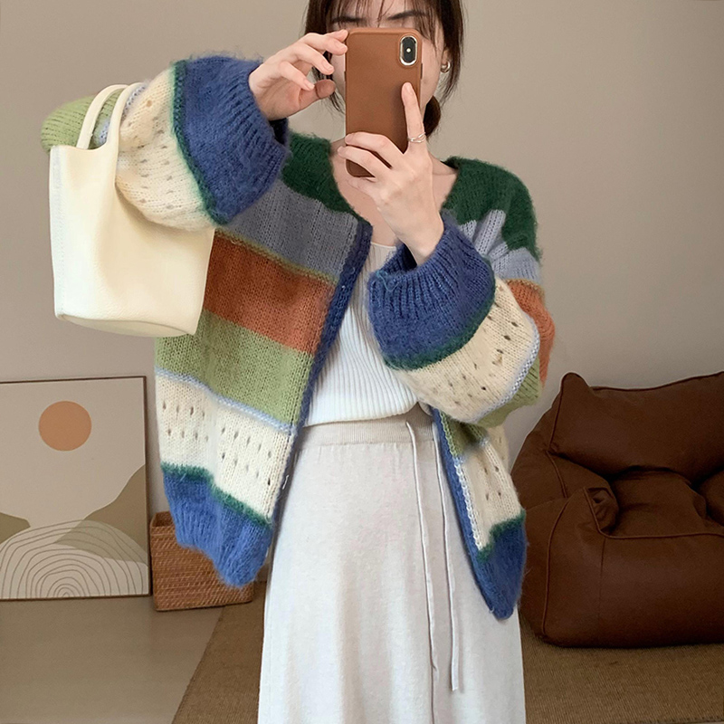 時尚氣質彩色拼色開衫秋季慵懶新款女裝韓版甜美高級感針織衫上衣