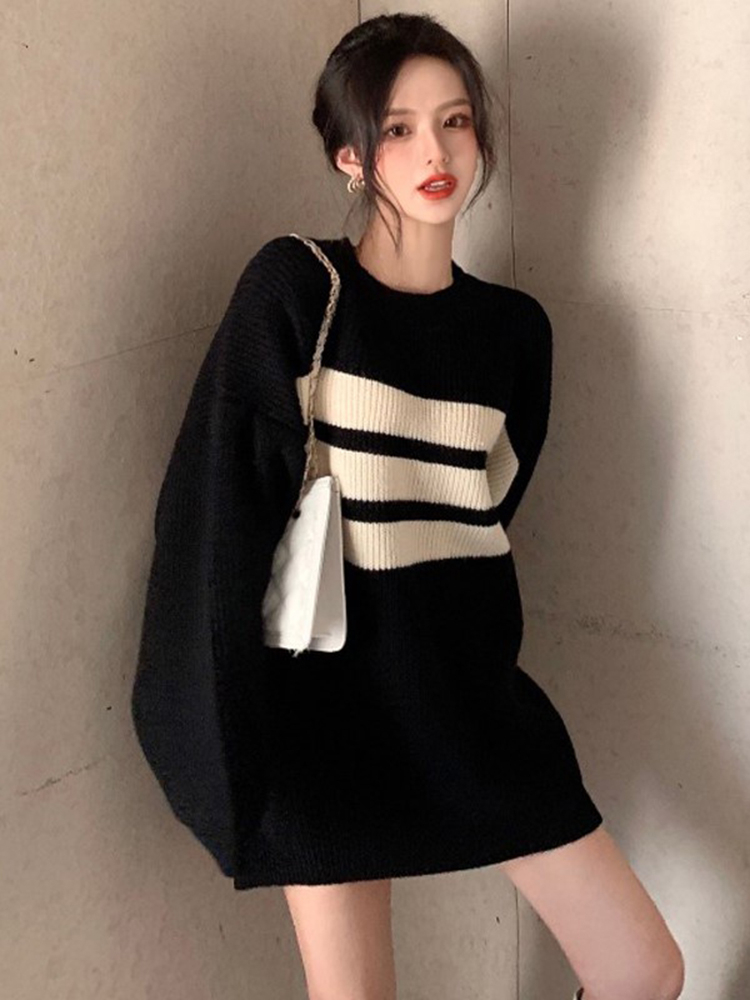 條紋撞色寬鬆套頭毛衣2023秋冬新款女裝韓版時尚中長款針織衫上衣