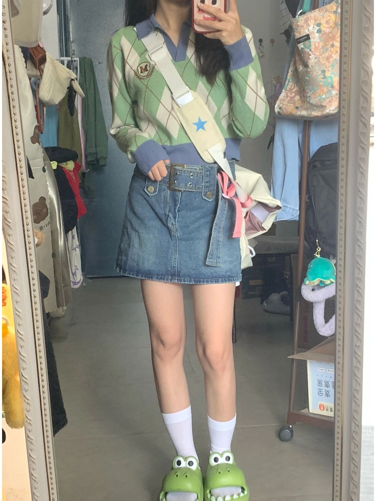 刺繡短款美式復古polo領菱形學院風V領毛衣套頭衫慵懶百搭針織衫