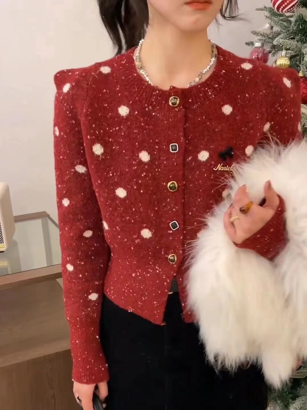 法式圓領針織開衫秋冬季新款女慵懶風紅色單排扣高級外搭毛衣外套