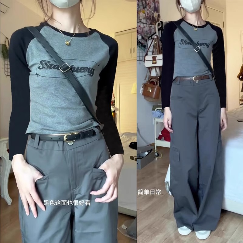 1*1純棉包領美式復古插肩長袖t恤秋冬內搭瘦收腰甜辣緊身上衣