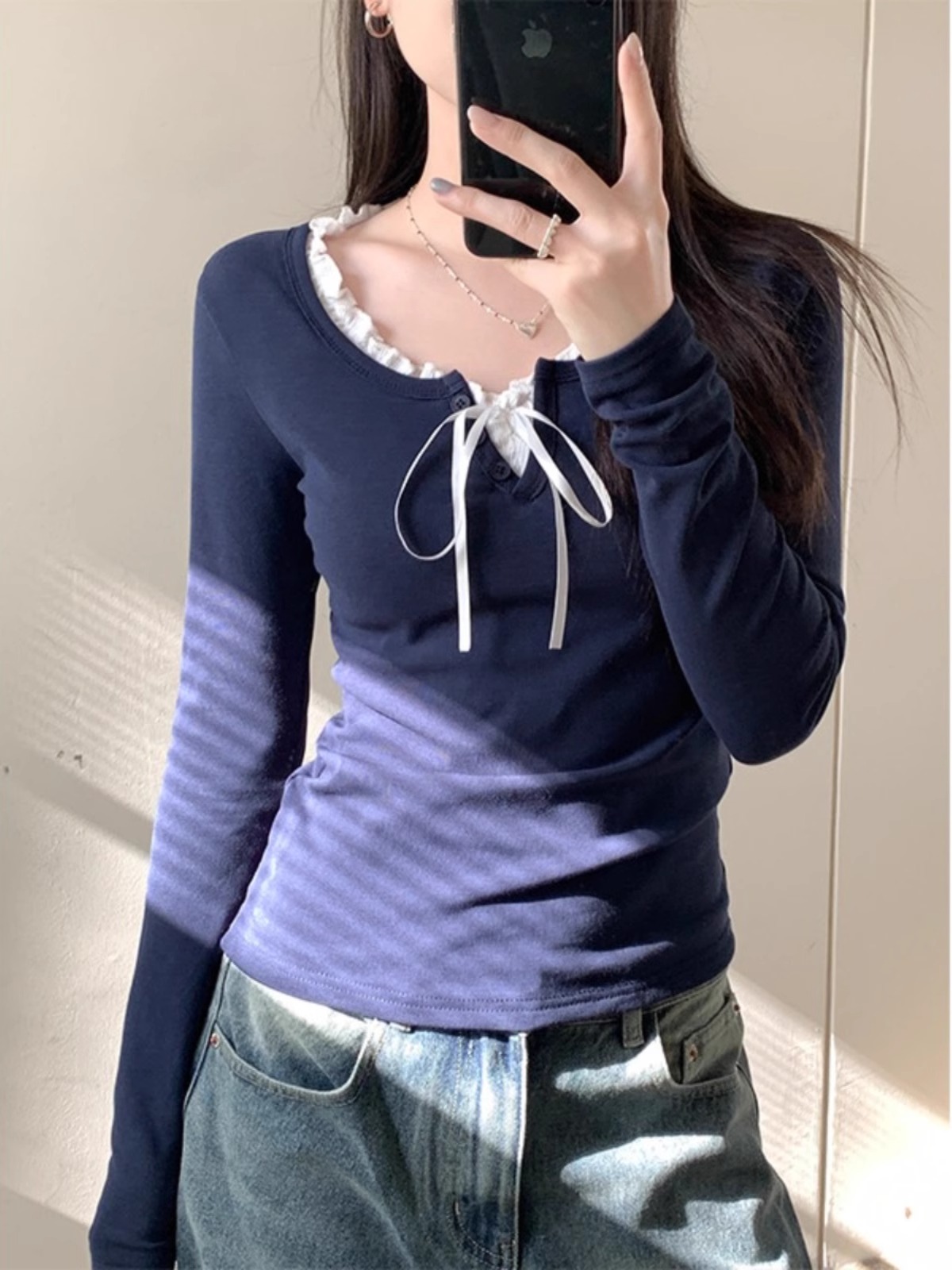 木耳邊系帶v領打底衫T恤女秋冬季小個子內搭加絨修身短款長袖上衣