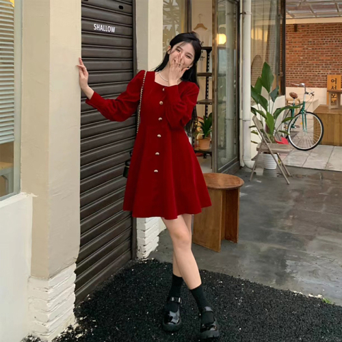 Autumn and winter red Christmas dress 2024 New Year's Eve mini dress waist slimming temperament velvet a-line skirt