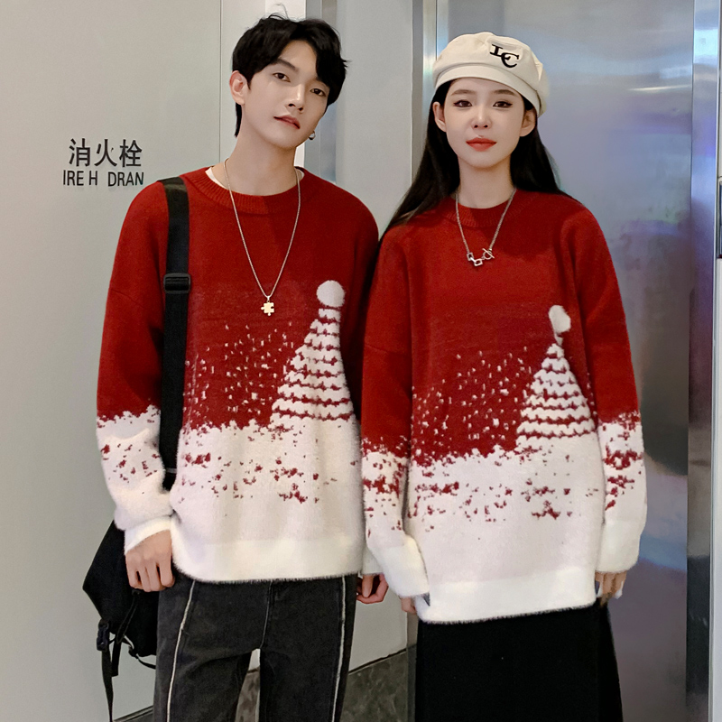 慵懶風情侶裝秋冬季加厚寬鬆毛衣男休閒ins超火紅色針織衫外套潮