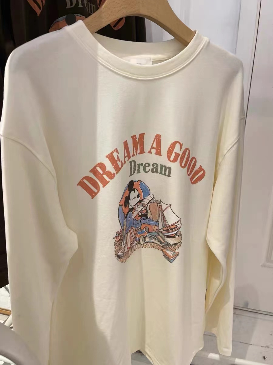 Silk cotton double-sided velvet age-reducing cartoon printed long-sleeved T-shirt bottoming shirt mid-length top for women