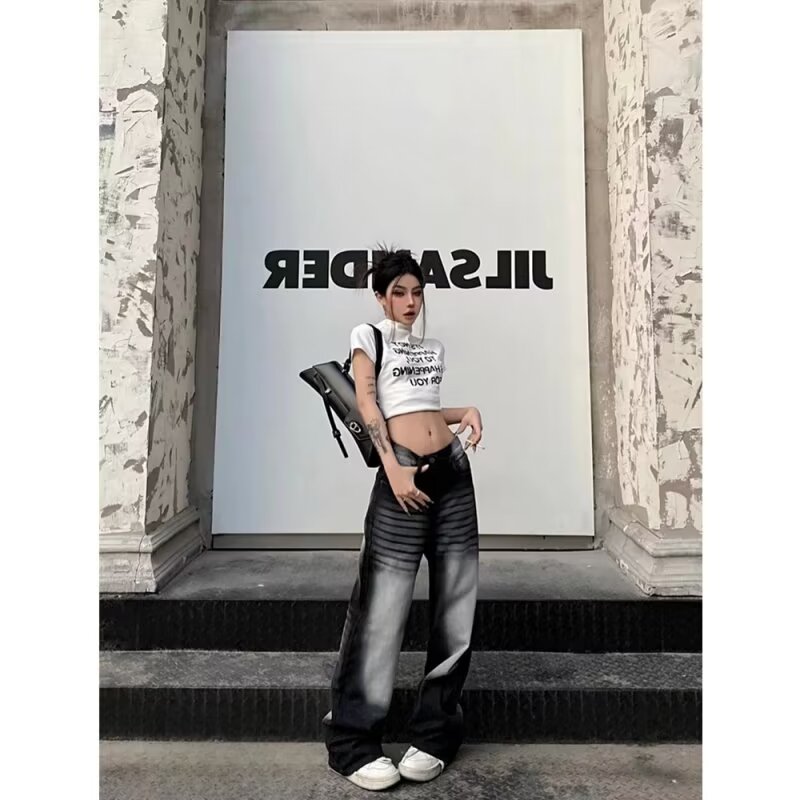 牛仔褲女秋冬新款美式高街時尚潮牌痞帥漸變水洗直筒闊腿休閒長褲