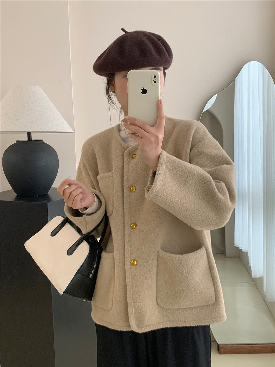 Autumn and winter new loose double-sided nylon small fragrant cardigan for women French light luxury small fragrant woolen short coat women's trendy