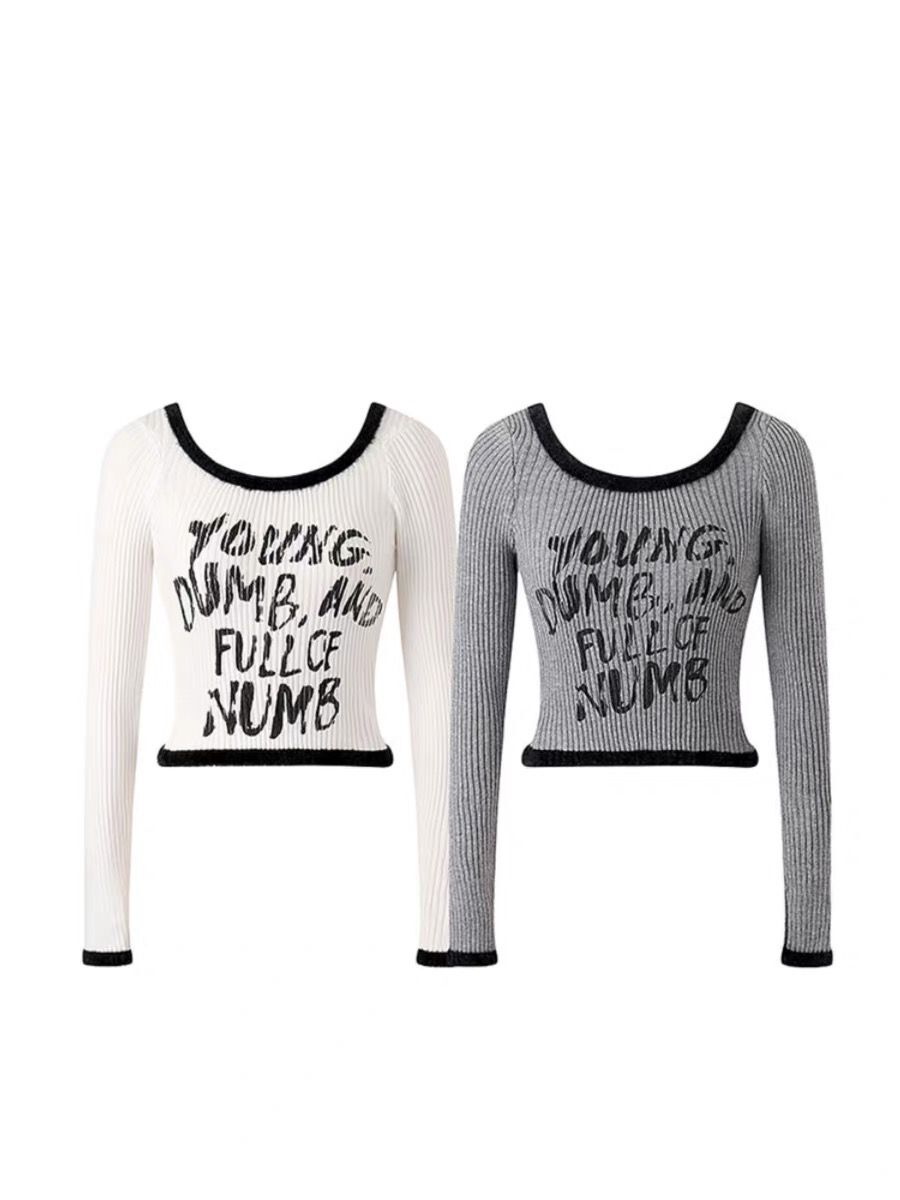 Pure Desire Sexy Hot Girl One-word Collar Spliced ​​Raw Edge Letters Knitted Bottoming Sweater Top for Women