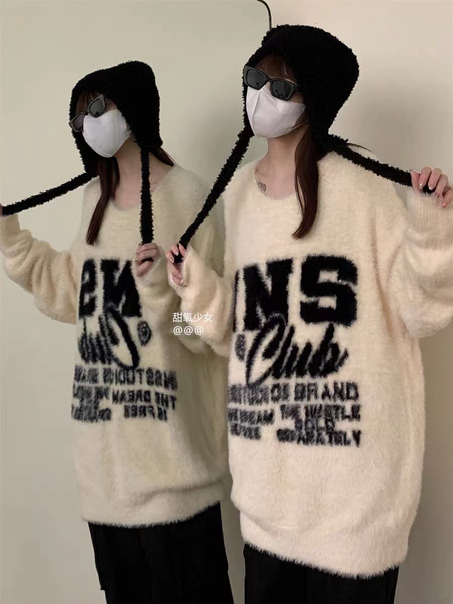 National trendy brand couple American mohair jacquard LOGO sweater loose pullover knitwear for men and women