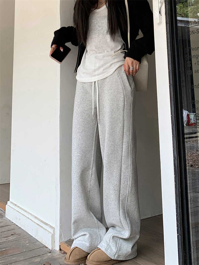Women's winter loose wide-leg pants with velvet and thickened warm drawstring casual pants high-waisted floor-length pants