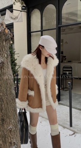 LINA suede splicing fur integrated design splicing hot girl style foreign style imitation fur fur coat