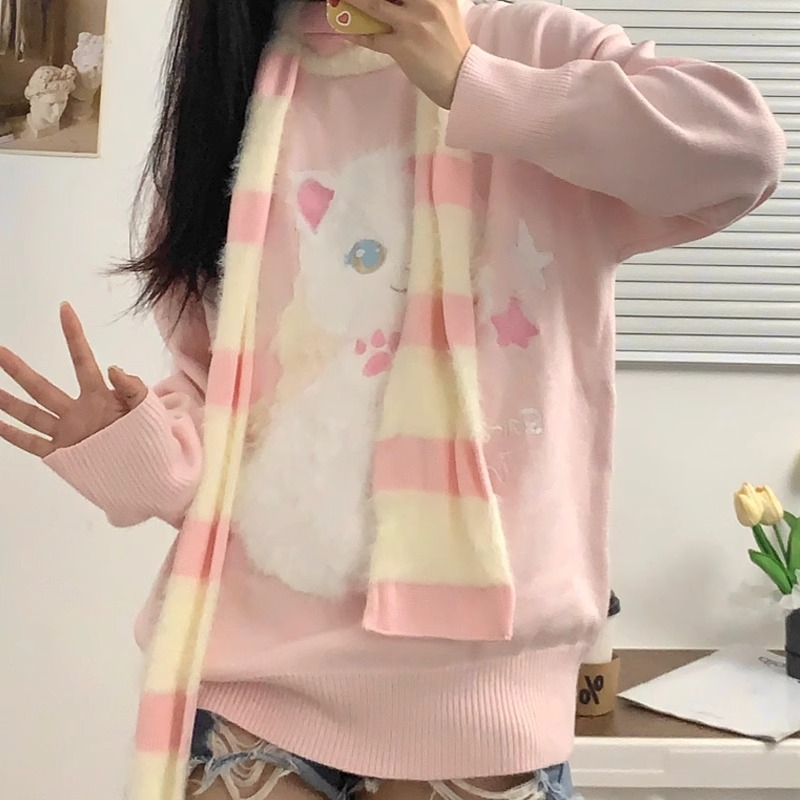Sheep wool + scarf quality soft and cute lazy style loose cat sweater for women