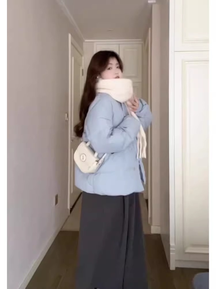 Korean high-end fufu blue cotton jacket for women 2023 winter new style small loose bread cotton jacket