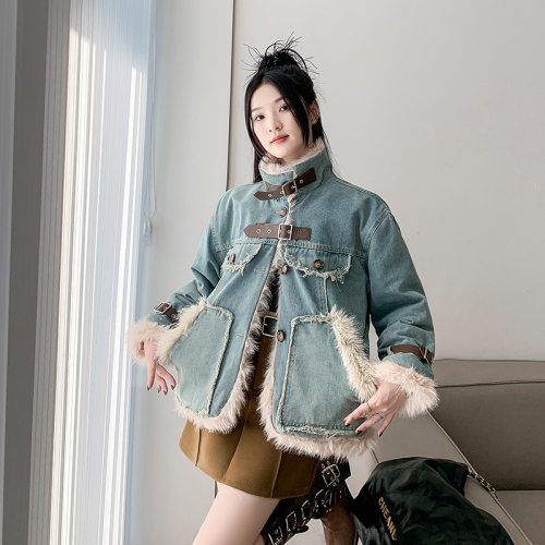 Real shot~Padding and velvet thickened denim woolen cotton-padded jacket for women 2023 new winter cotton-padded jacket