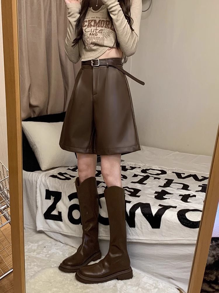 美拉德PU皮闊腿短褲女秋冬2023新款復古高腰顯瘦百搭咖啡色休閒褲