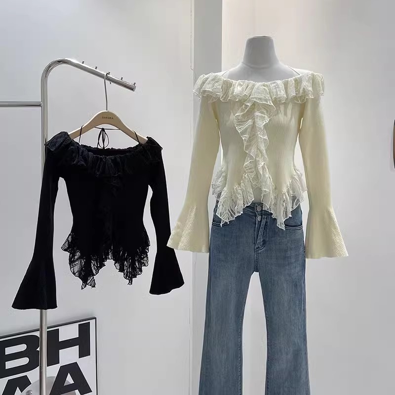 Lace ruffled one-shoulder long-sleeved sweater for women in autumn and winter pure lust style sexy halter top slim sweater