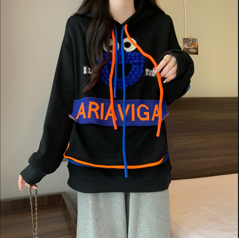 實拍 冬季韓版寬鬆純棉複合連帽立體卡通裝飾大碼加絨衛衣女