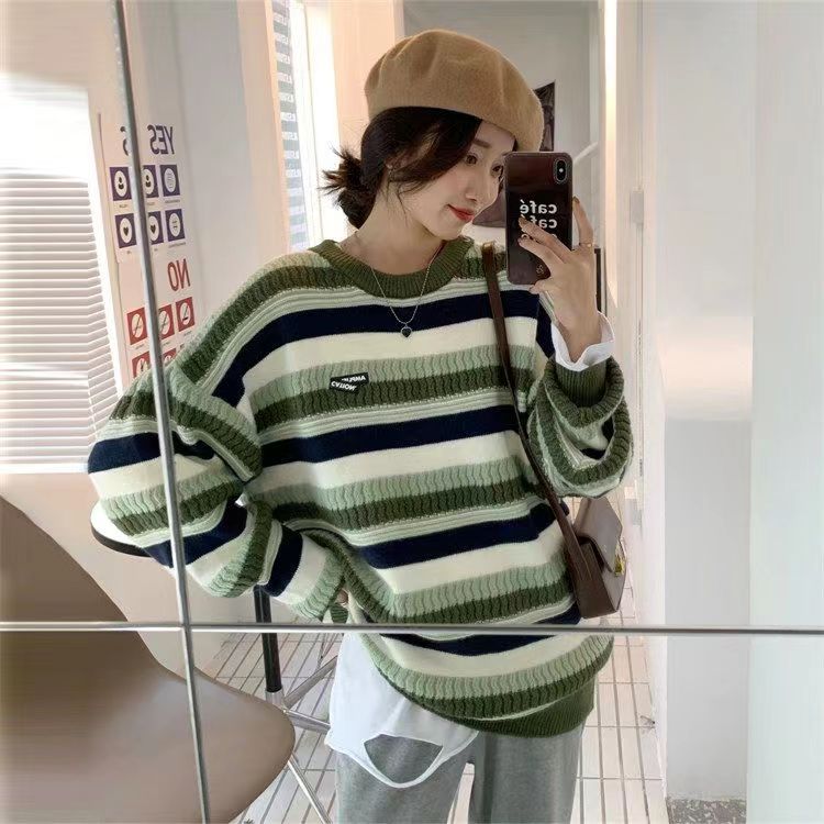 Striped sweater autumn and winter 2023 new design retro thickened loose mid-length long-sleeved sweater women's tops