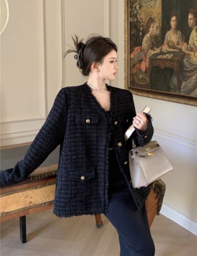 Real shot of small fragrant style tassel tweed retro versatile down-lined jacket for women