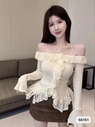 2023 autumn and winter new design pure desire one-shoulder lace splicing slit trumpet sleeve top for women ins trend~