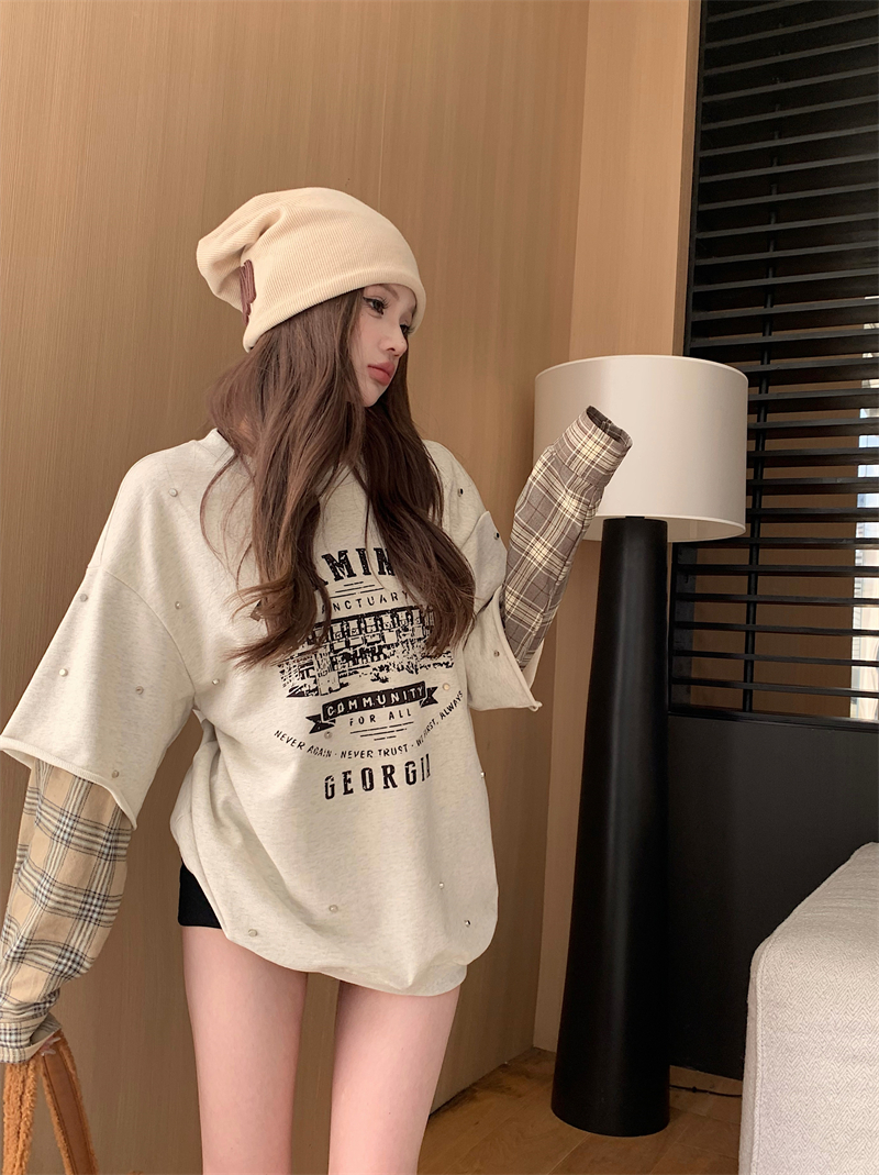 Real shot of spliced ​​asymmetrical plaid long-sleeved sweatshirt niche design printed top