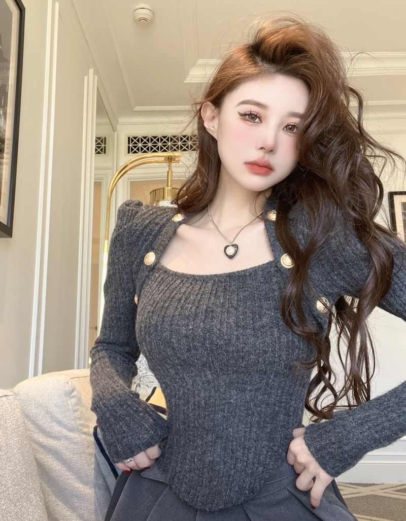 方領毛衣女秋冬小香風內搭針織打底衫修身顯瘦設計感小眾短款上衣