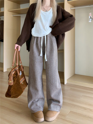 Actual shot of autumn and winter striped wool and velvet casual pants and wide-leg pants