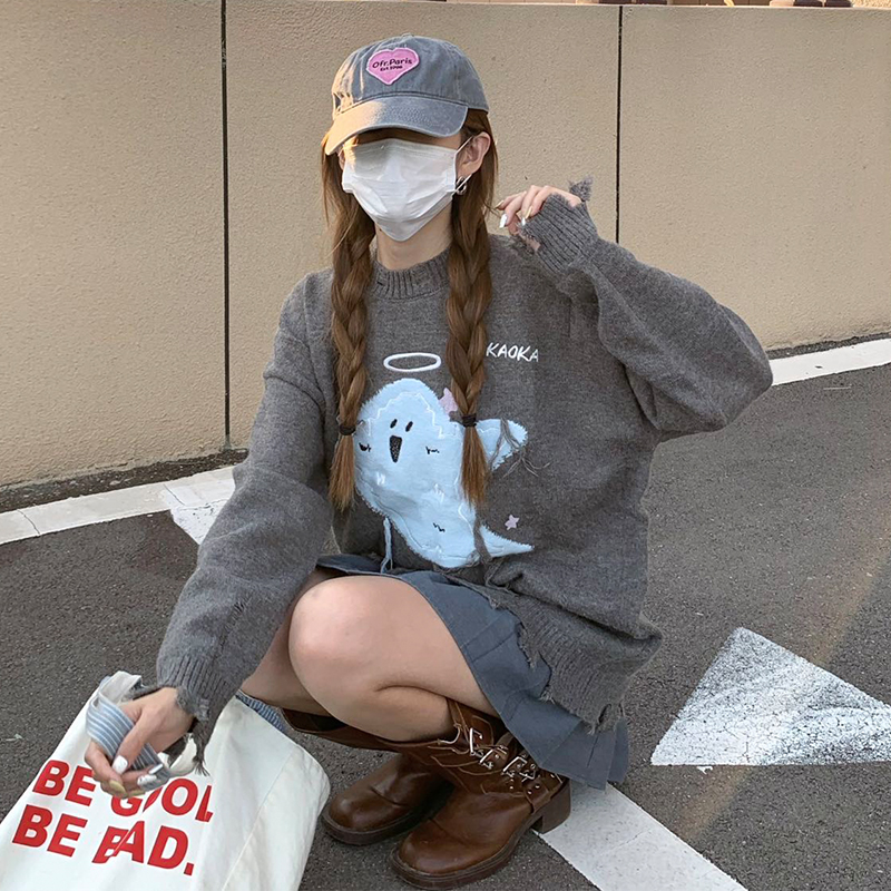 圓領套頭小幽靈毛衣女秋冬寬鬆外穿慵懶風灰色設計感軟糯針織上衣