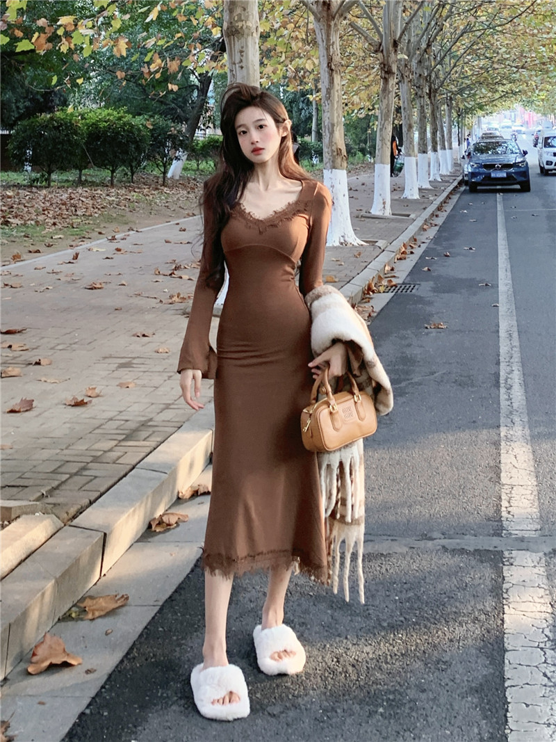 實拍~2023冬款磨毛薄絨性感蕾絲長裙辣妹收腰顯瘦包臀裙子