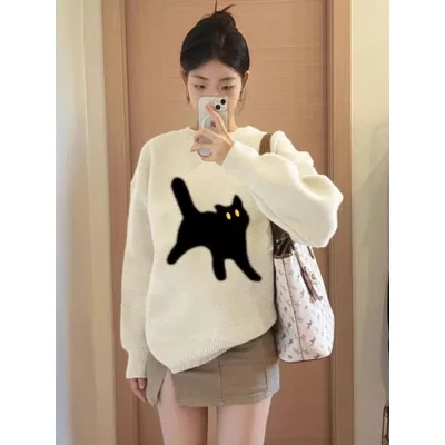 高級感奶fufu貓咪長袖針織衫女秋冬季寬鬆軟糯慵懶風套頭外穿毛衣