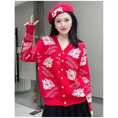 新年本命年開衫毛衣女紅色高級燙鑽中國紅拜年服冬季新年外套