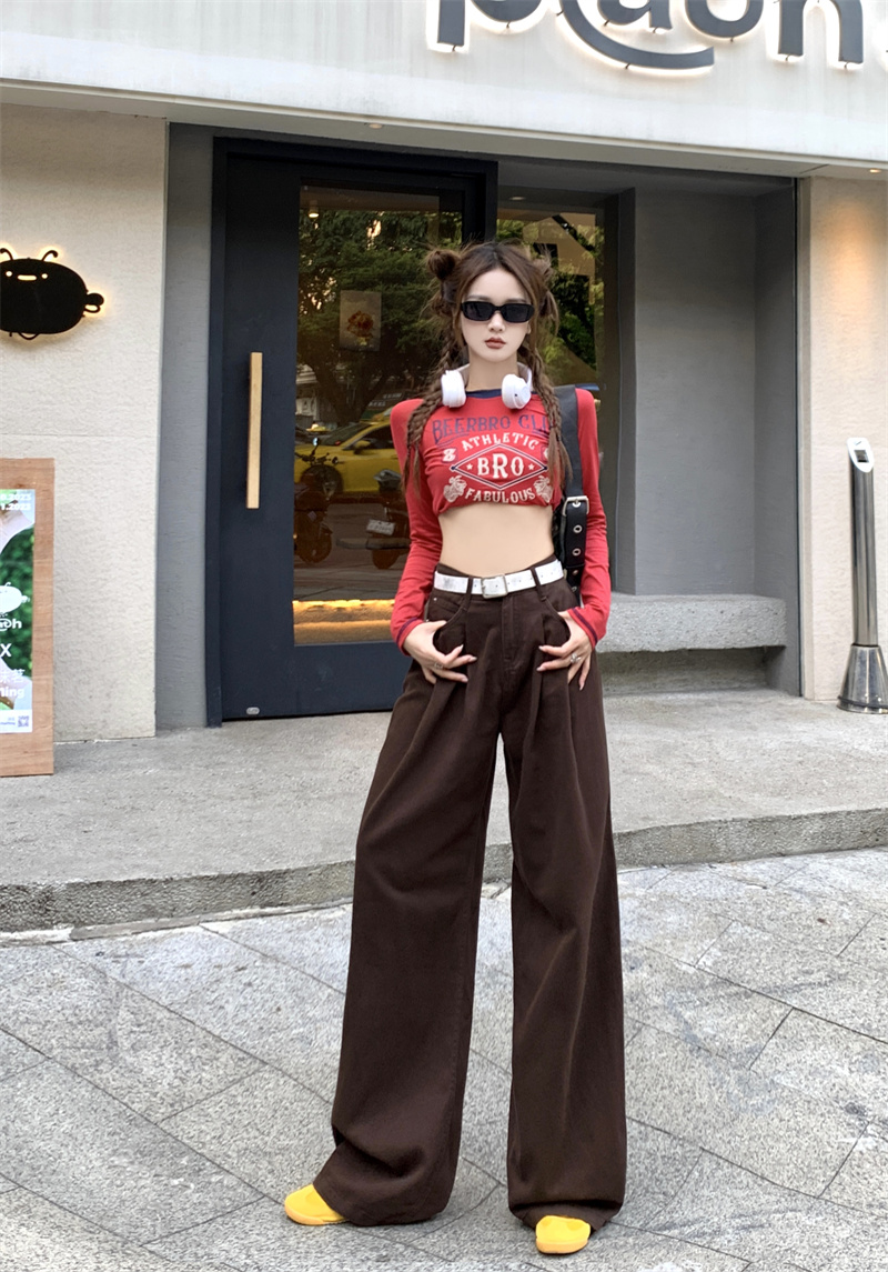 實拍~美式復古深咖色闊腿牛仔褲女秋冬高腰百搭顯瘦拖地褲